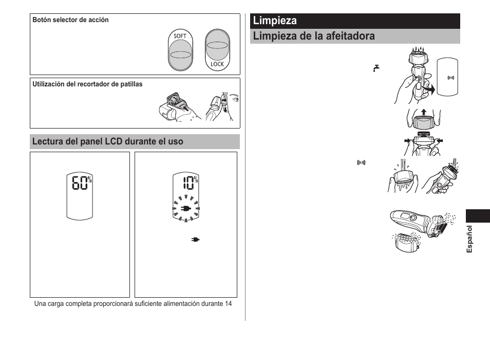 Limpieza limpieza de la afeitadora, Lectura del panel lcd durante el uso | Panasonic ES-LT41-K User Manual | Page 21 / 32