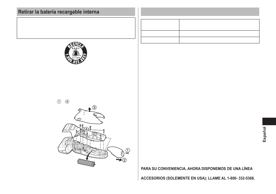 Retirar la batería recargable interna, Especificaciones | Panasonic ES-LT41-K User Manual | Page 23 / 32