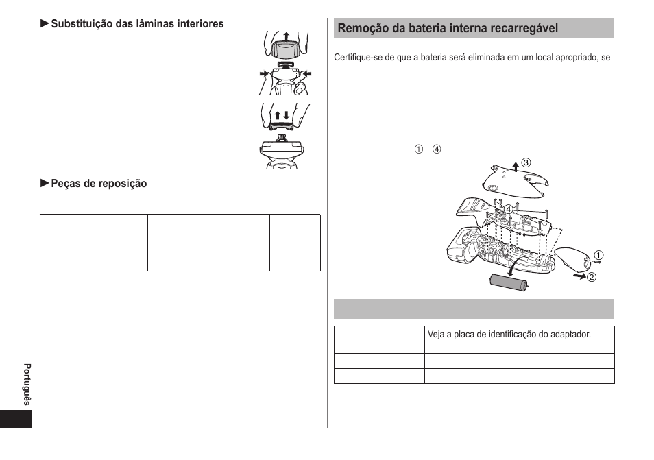 Remoção da bateria interna recarregável, Especificações | Panasonic ES-LT41-K User Manual | Page 30 / 32