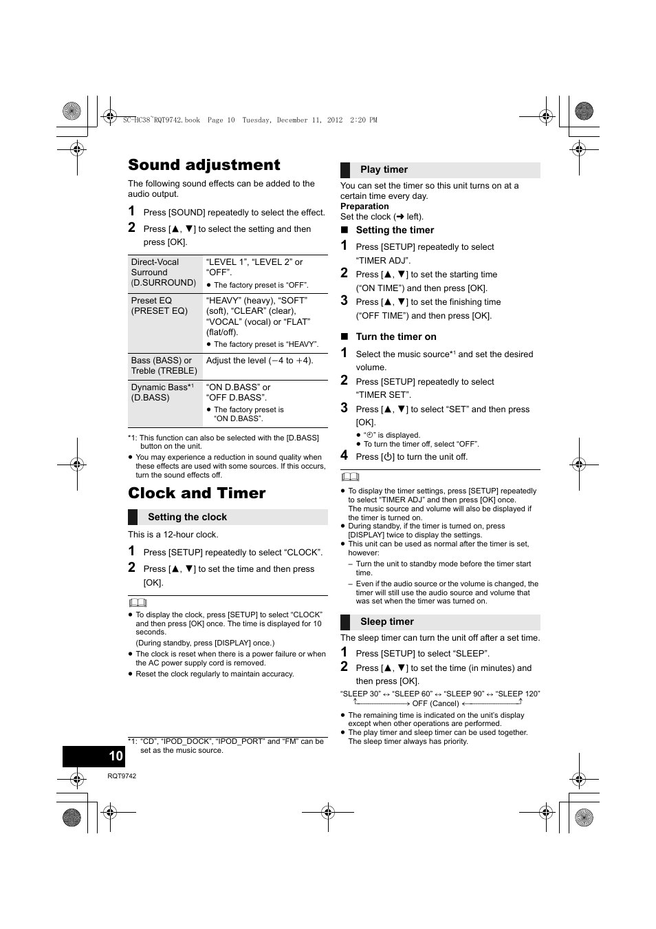 Sound adjustment, Clock and timer | Panasonic SC-HC38 User Manual | Page 10 / 20