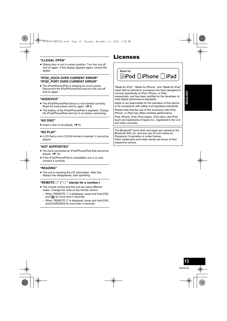 Licenses | Panasonic SC-HC38 User Manual | Page 13 / 20