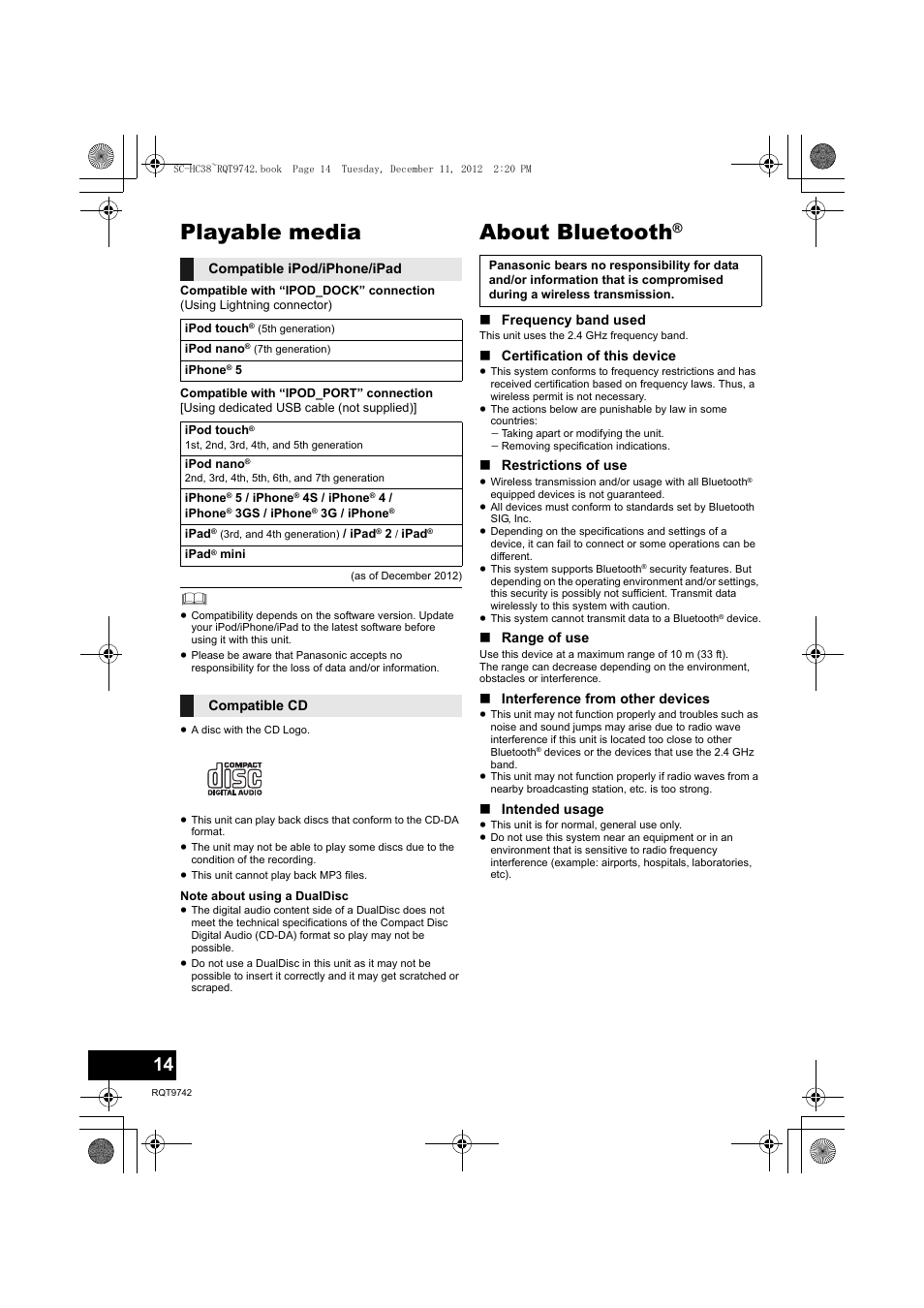 Playable media, About bluetooth | Panasonic SC-HC38 User Manual | Page 14 / 20