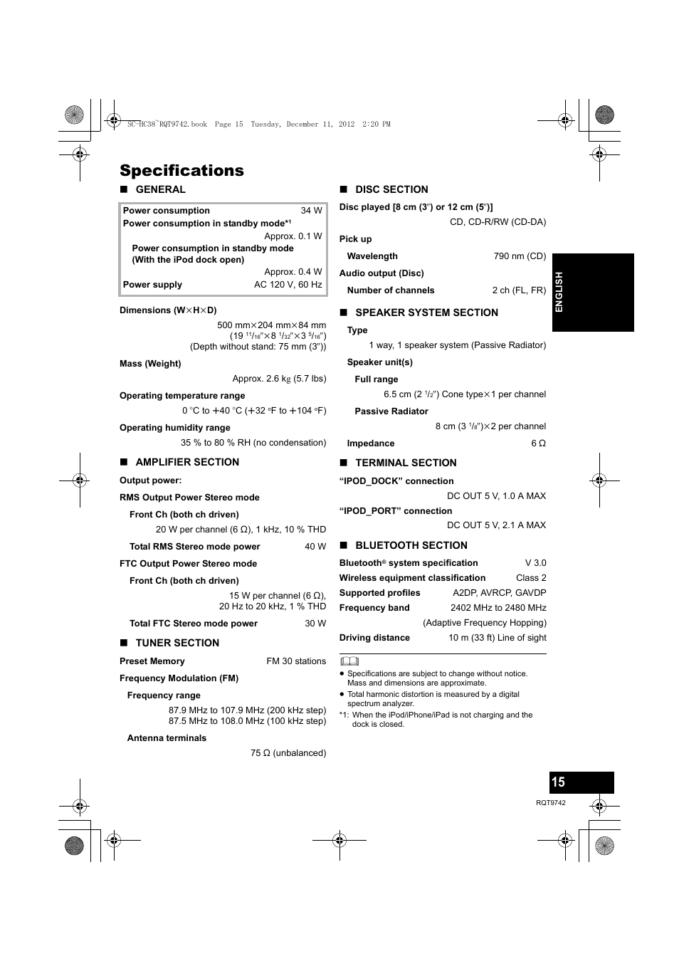 Specifications | Panasonic SC-HC38 User Manual | Page 15 / 20