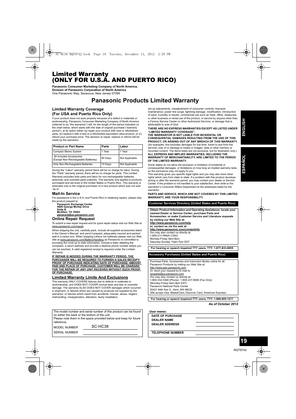 Limited warranty (only for u.s.a. and puerto rico), Panasonic products limited warranty | Panasonic SC-HC38 User Manual | Page 19 / 20