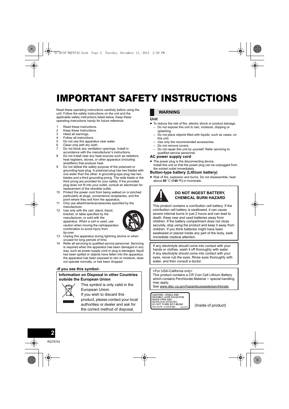 Important safety instructions | Panasonic SC-HC38 User Manual | Page 2 / 20