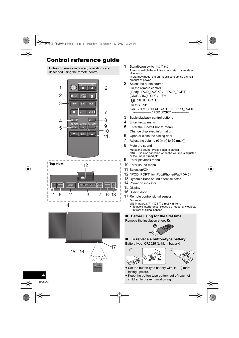 Control reference guide | Panasonic SC-HC38 User Manual | Page 4 / 20