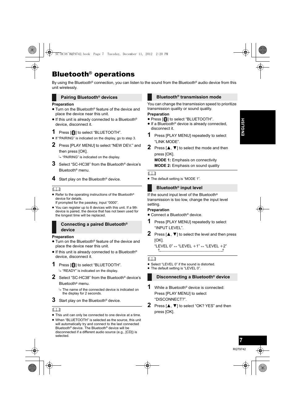 Bluetooth, Operations | Panasonic SC-HC38 User Manual | Page 7 / 20
