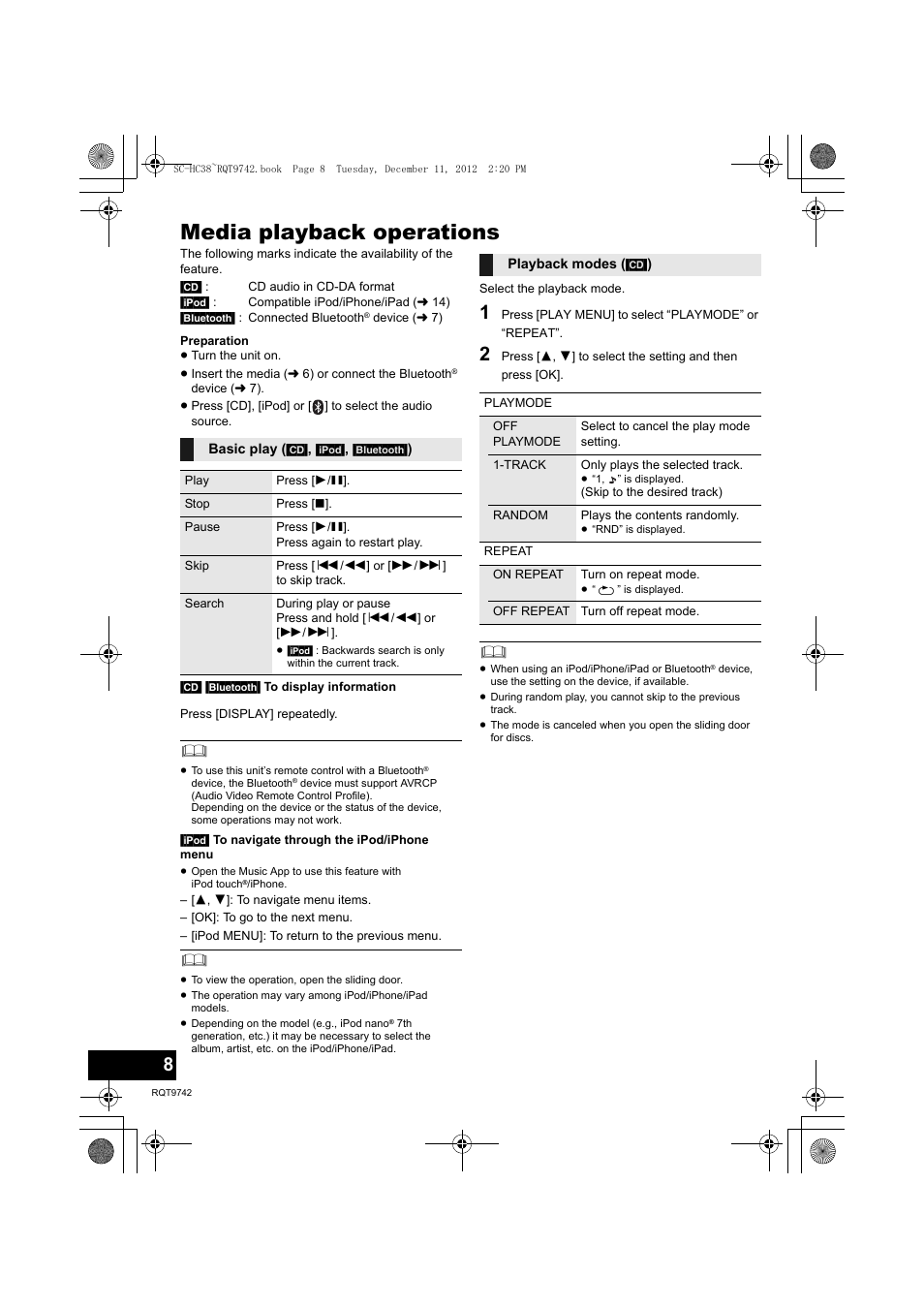 Media playback operations | Panasonic SC-HC38 User Manual | Page 8 / 20