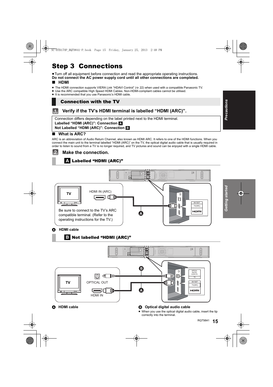Step 3 connections, Make the connection, Connection with the tv | Panasonic SC-HTB170 User Manual | Page 15 / 32