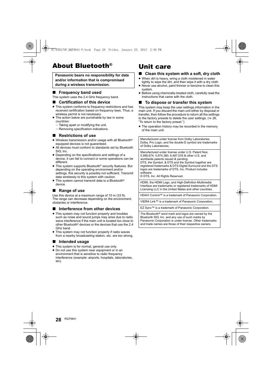 About bluetooth, Unit care | Panasonic SC-HTB170 User Manual | Page 28 / 32
