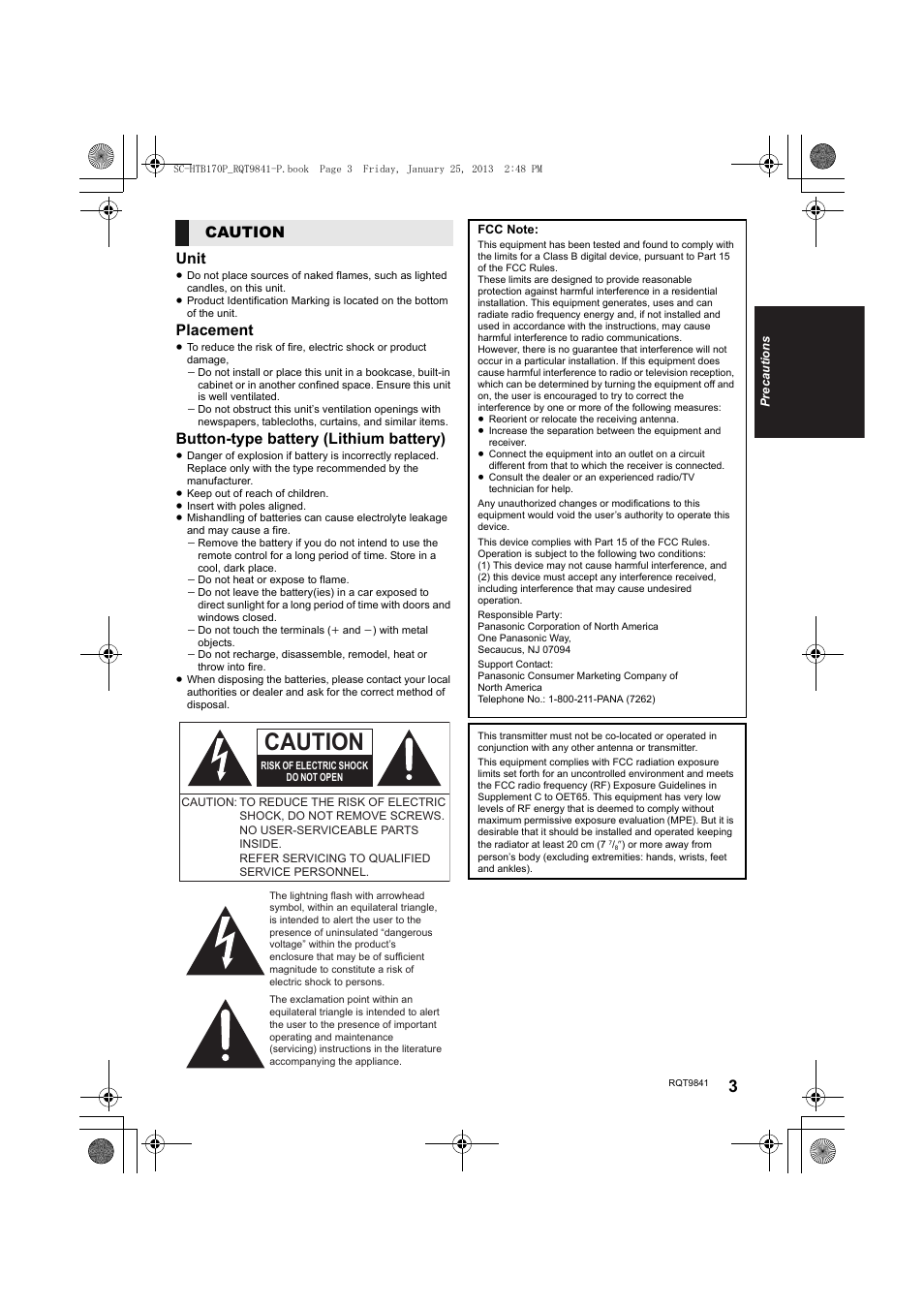 Unit, Placement, Button-type battery (lithium battery) | Caution | Panasonic SC-HTB170 User Manual | Page 3 / 32