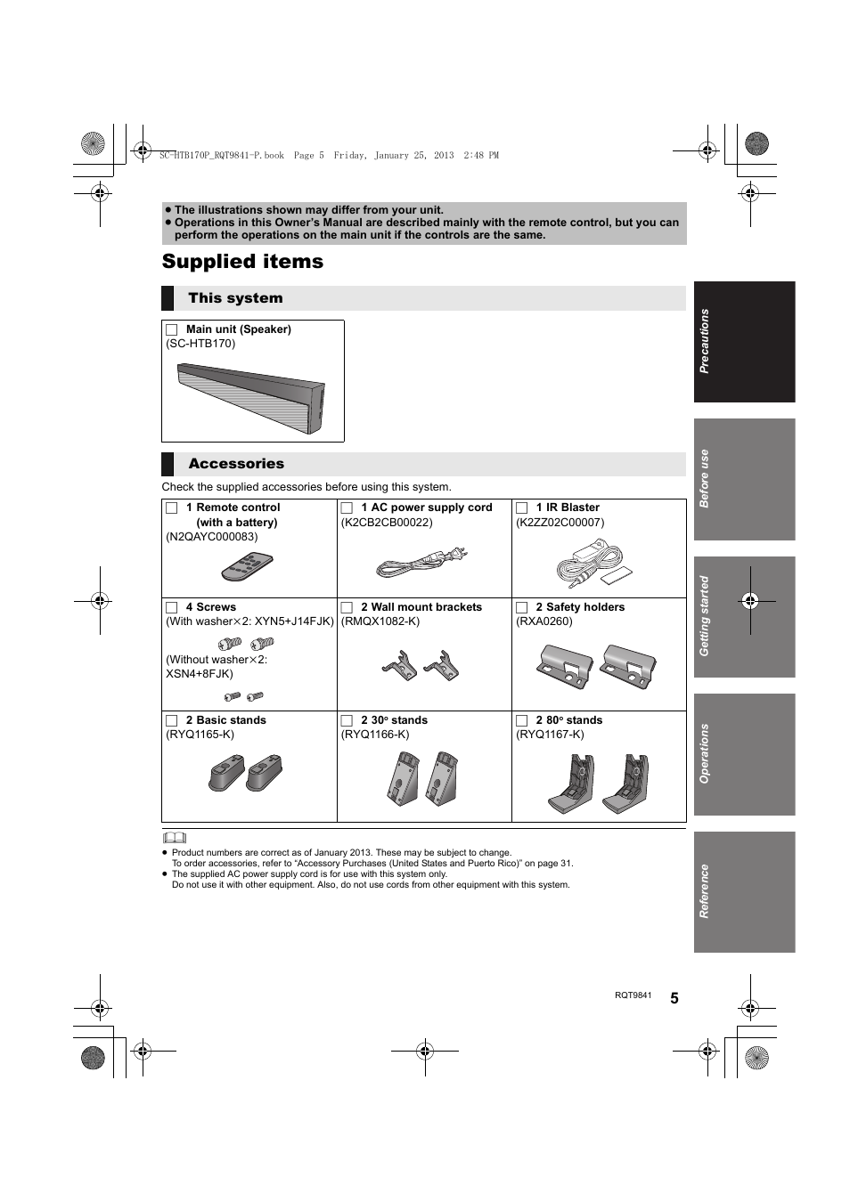 Supplied items | Panasonic SC-HTB170 User Manual | Page 5 / 32