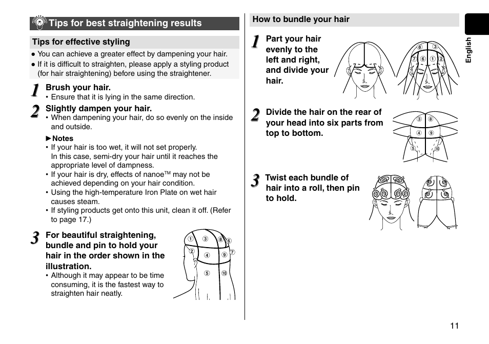 Tips for best straightening results, Tips for best straightening results ����11 | Panasonic EH-HS95-K User Manual | Page 11 / 36