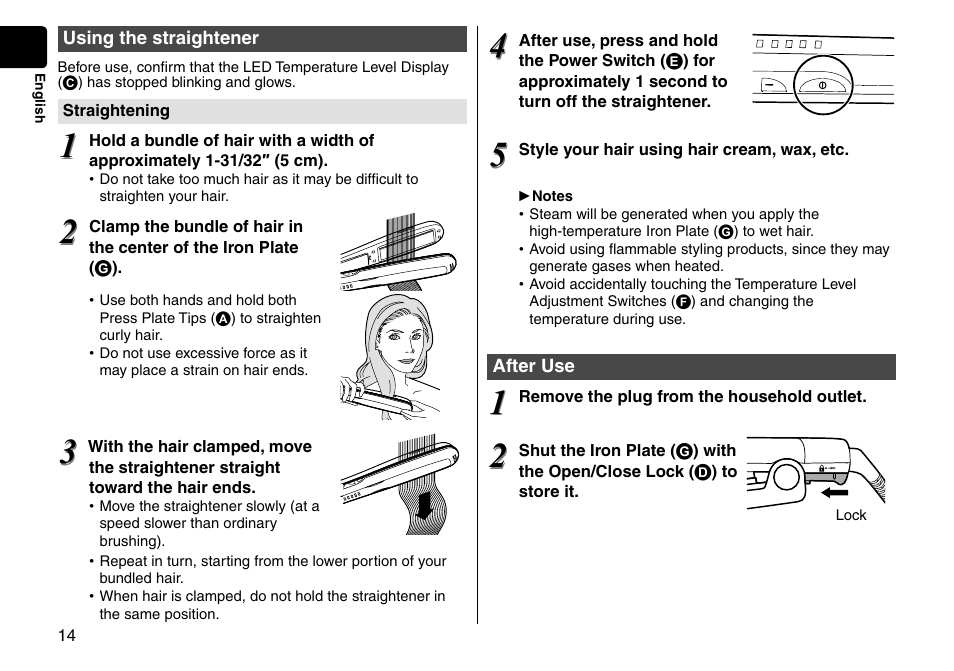 Using the straightener, After use | Panasonic EH-HS95-K User Manual | Page 14 / 36