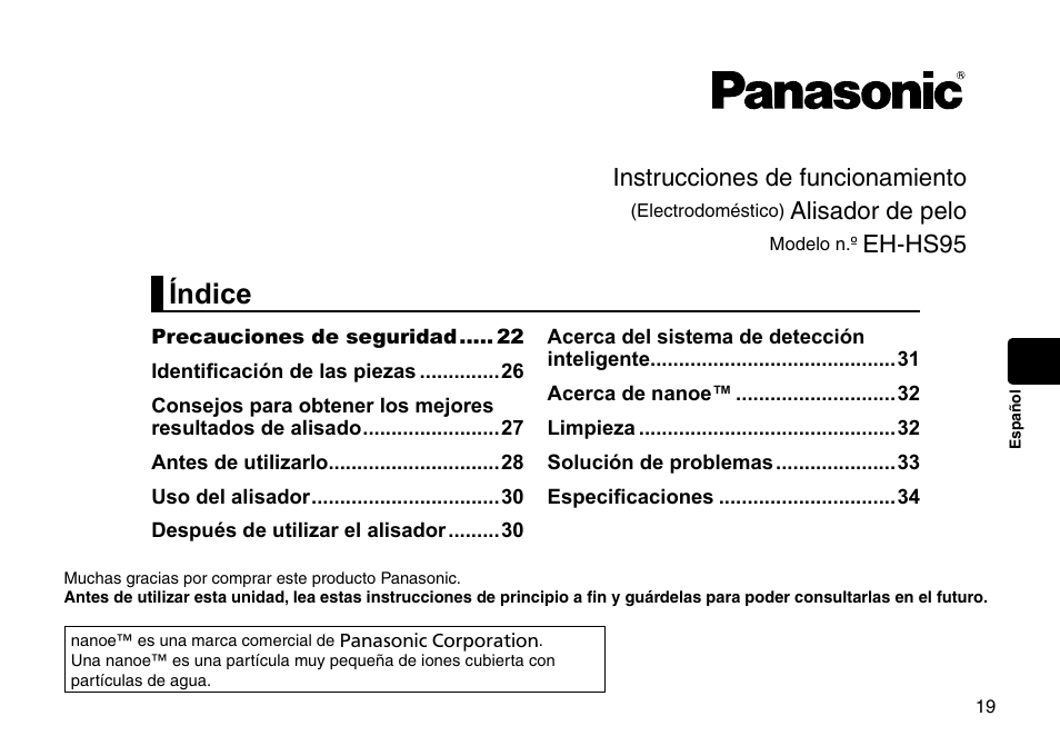 Español, Índice, Instrucciones de funcionamiento | Alisador de pelo, Eh-hs95 | Panasonic EH-HS95-K User Manual | Page 19 / 36