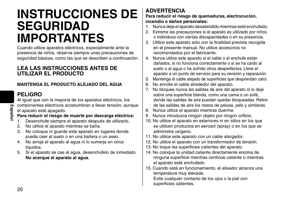 Instrucciones de seguridad importantes | Panasonic EH-HS95-K User Manual | Page 20 / 36