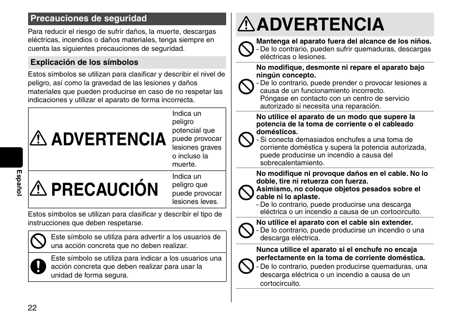 Precauciones de seguridad, Advertencia, Precaución | Panasonic EH-HS95-K User Manual | Page 22 / 36