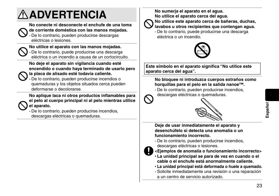 Advertencia | Panasonic EH-HS95-K User Manual | Page 23 / 36