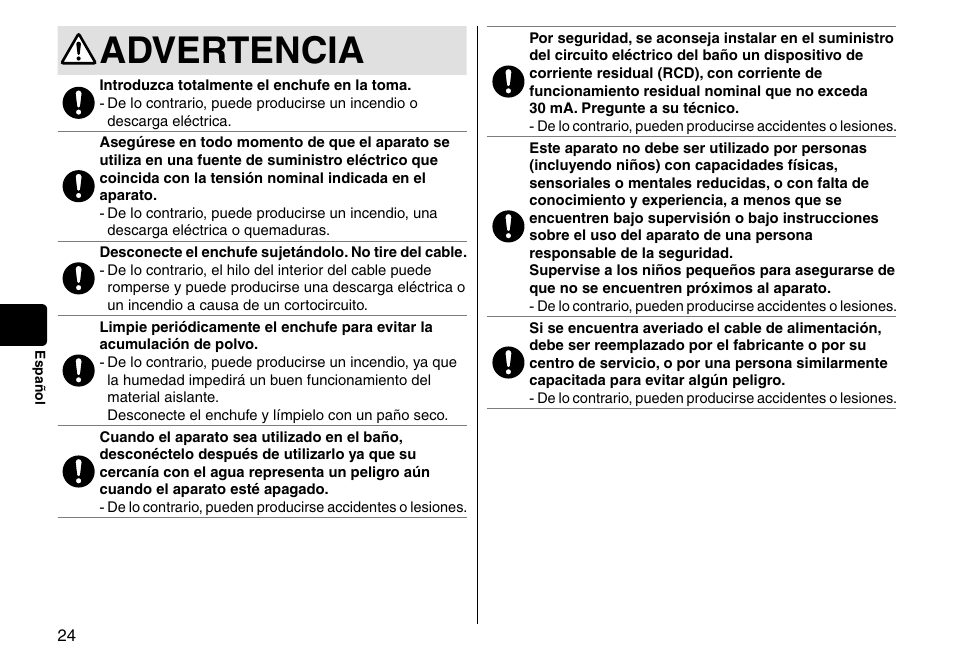 Advertencia | Panasonic EH-HS95-K User Manual | Page 24 / 36