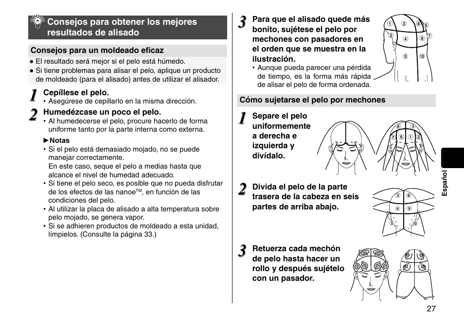 Consejos para obtener los mejores, Resultados de alisado ������������������������27 | Panasonic EH-HS95-K User Manual | Page 27 / 36