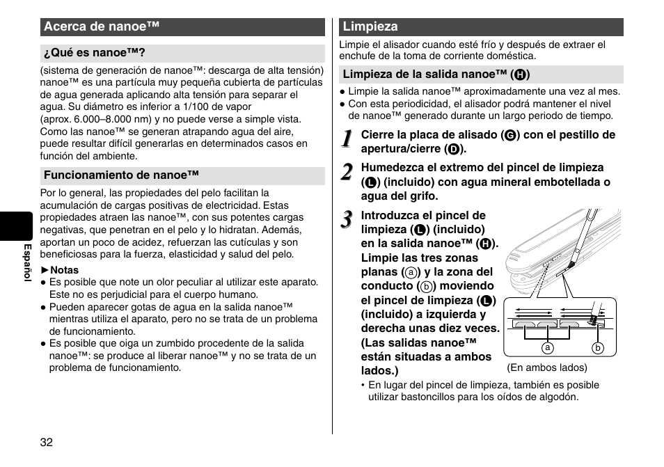 Acerca de nanoe, Limpieza | Panasonic EH-HS95-K User Manual | Page 32 / 36