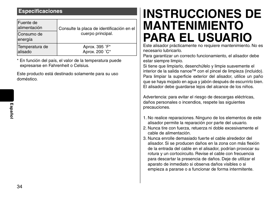 Especificaciones, Especificaciones �������������������������������34, Instrucciones de mantenimiento para el usuario | Panasonic EH-HS95-K User Manual | Page 34 / 36