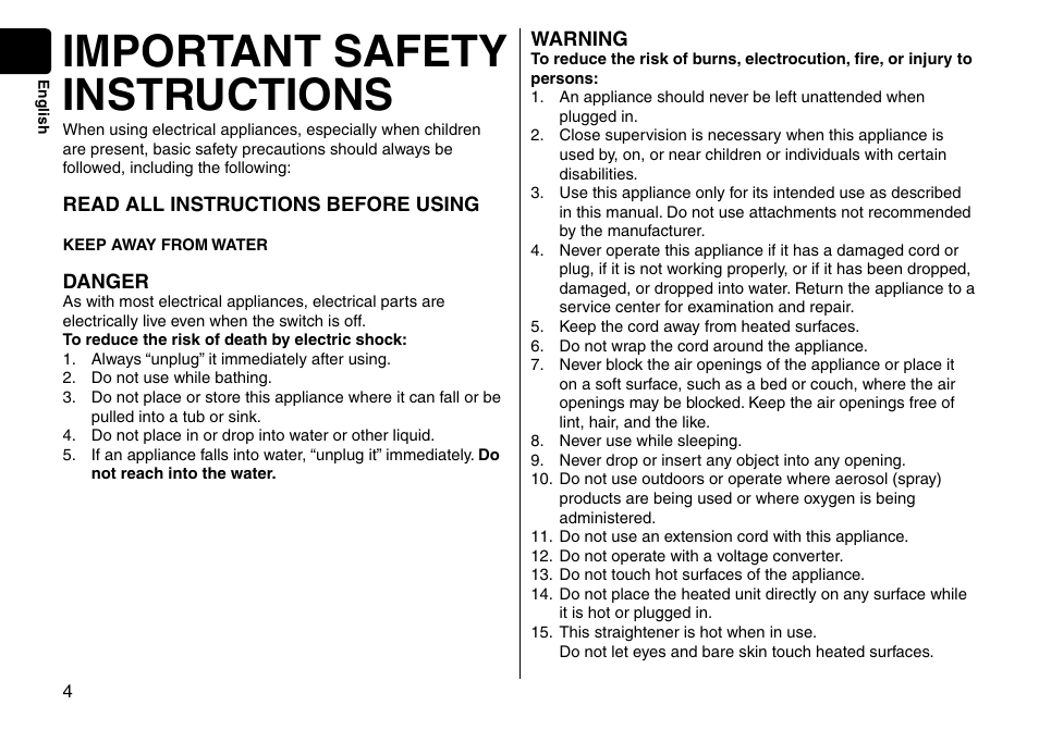 Important safety instructions | Panasonic EH-HS95-K User Manual | Page 4 / 36