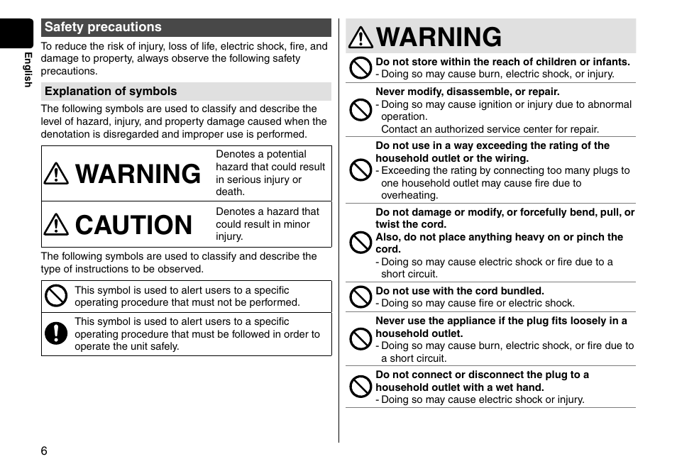 Safety precautions, Warning, Caution | Panasonic EH-HS95-K User Manual | Page 6 / 36