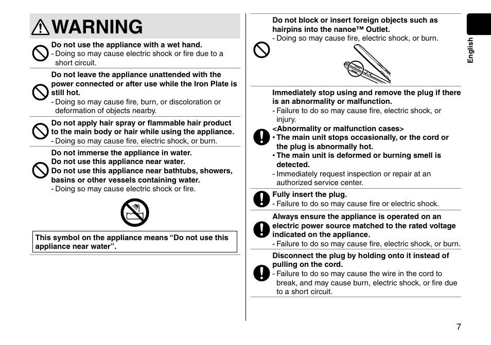 Warning | Panasonic EH-HS95-K User Manual | Page 7 / 36