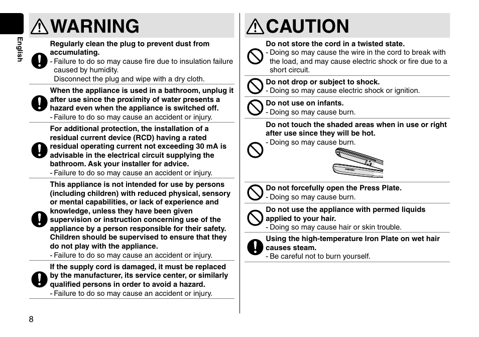 Warning, Caution | Panasonic EH-HS95-K User Manual | Page 8 / 36