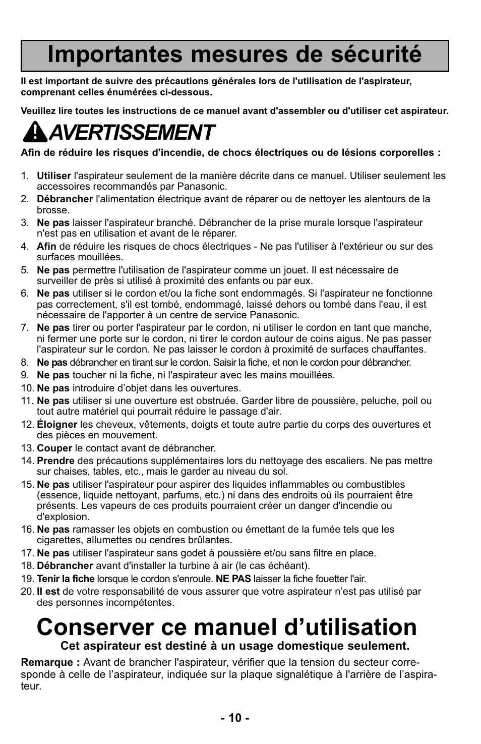 Importantes mesures de sécurité, Conserver ce manuel d’utilisation, Avertissement | Panasonic MC-UL425 User Manual | Page 10 / 64