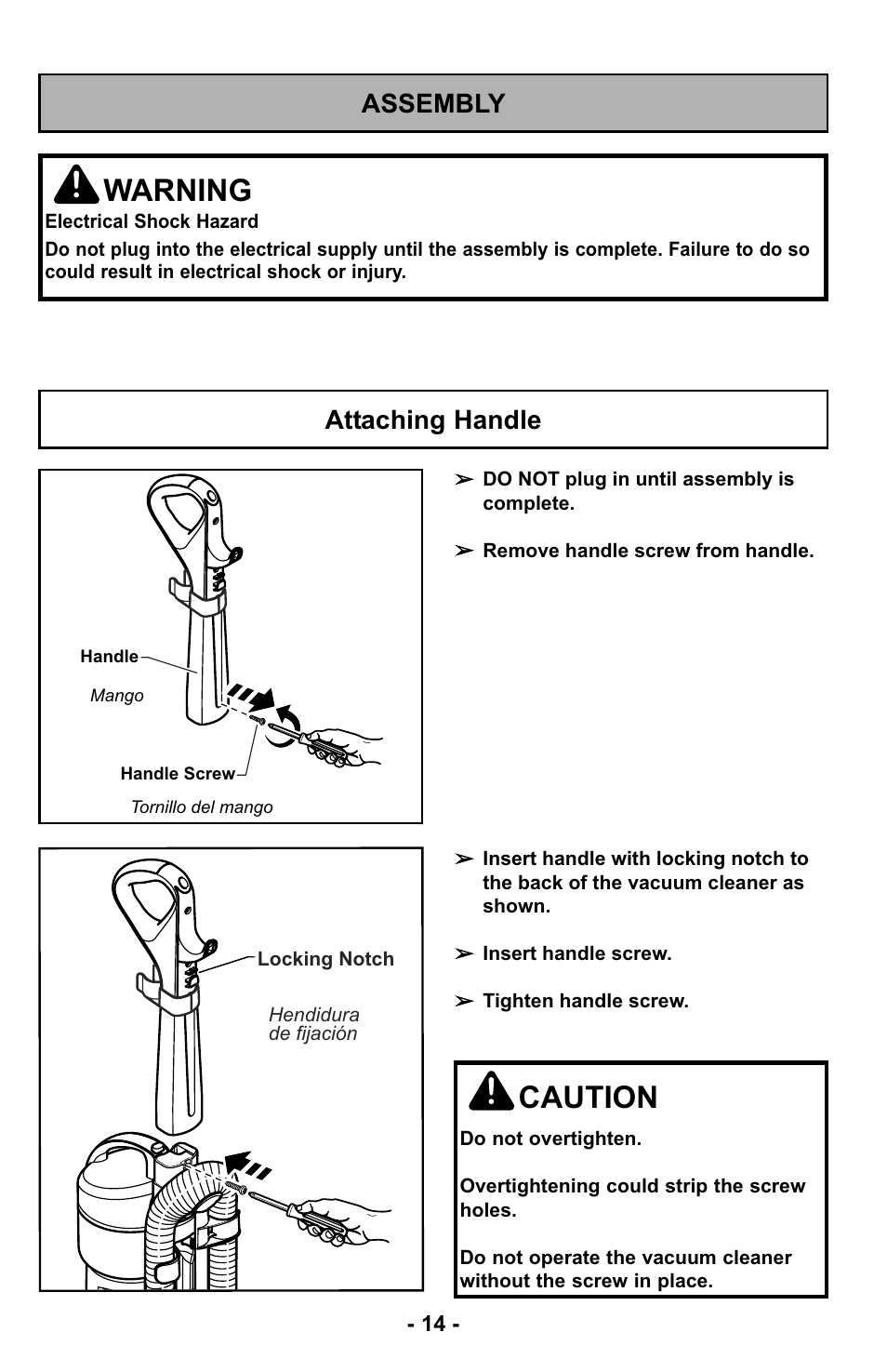 Assembly, Attaching handle, Warning | Caution | Panasonic MC-UL425 User Manual | Page 14 / 64