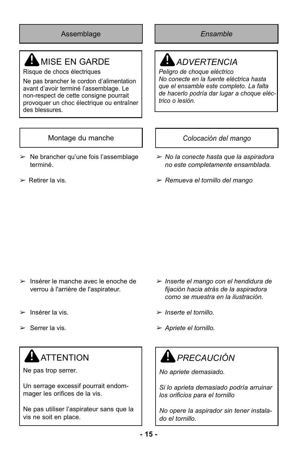 Assemblage, Montage du manche, Ensamble | Ensamble del mango, Mise en garde, Advertencia, Attention, Precaución | Panasonic MC-UL425 User Manual | Page 15 / 64