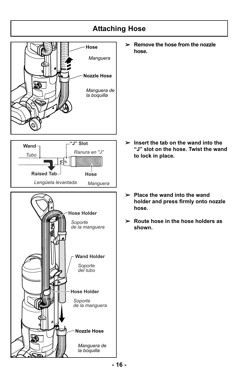 Attaching hose | Panasonic MC-UL425 User Manual | Page 16 / 64
