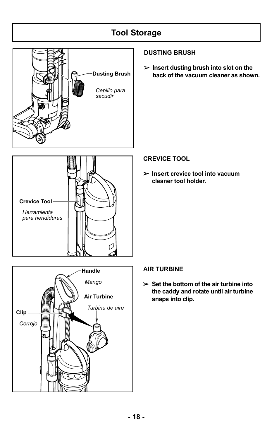 Tool storage | Panasonic MC-UL425 User Manual | Page 18 / 64