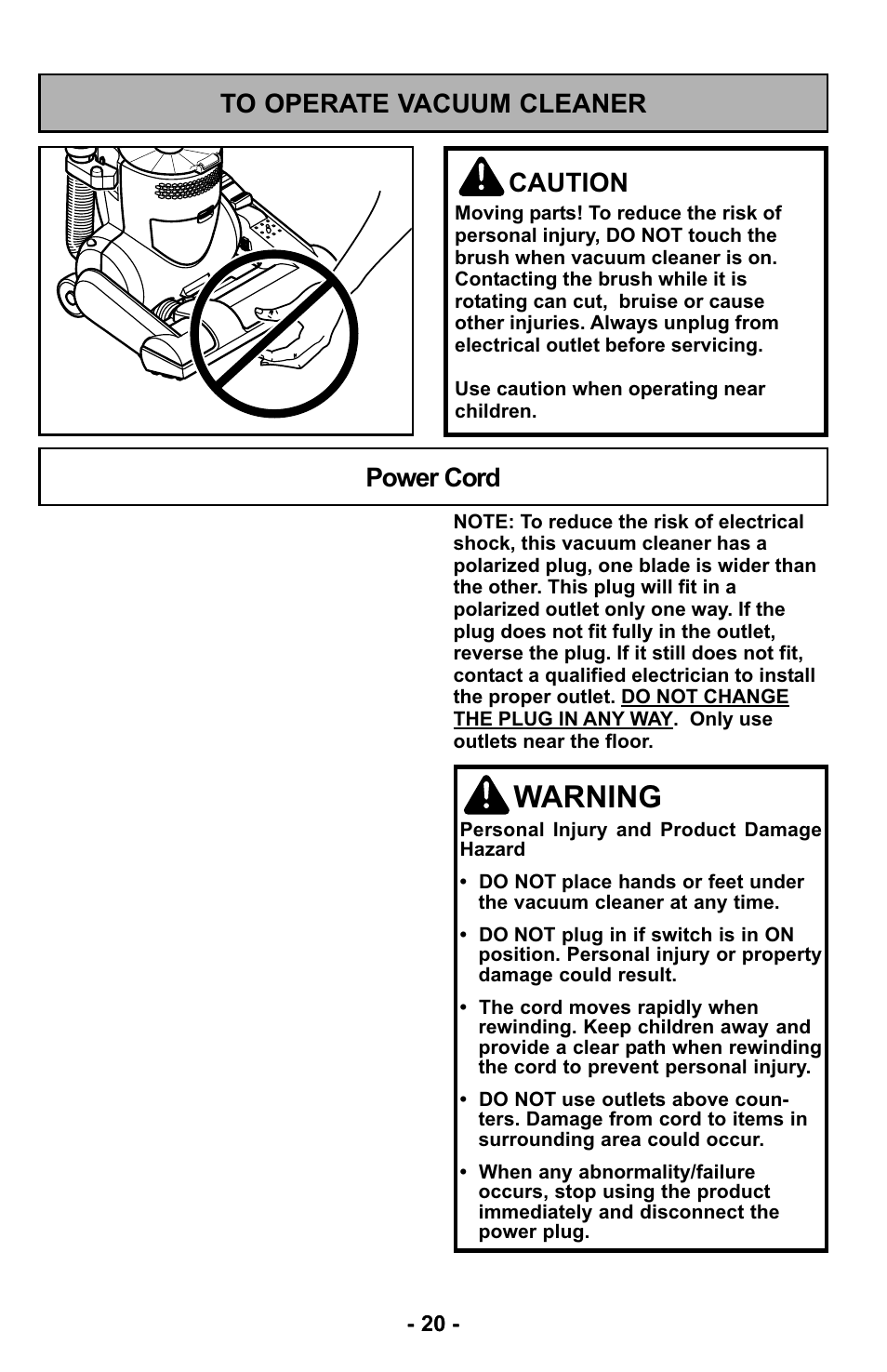 To operate vacuum cleaner, Power cord, Warning | Panasonic MC-UL425 User Manual | Page 20 / 64