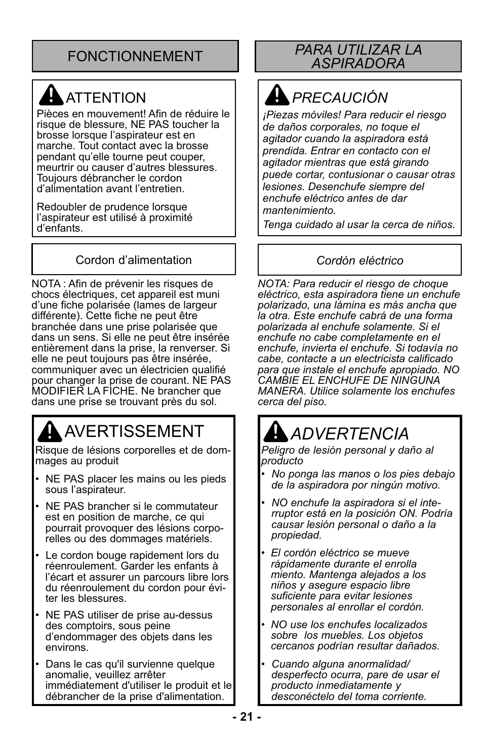 Fonctionnement, Cordon d'alimentation, Para utilizar la aspiradora | Cordón eléctrico, Avertissement, Advertencia, Precaución, Attention, Fonctionnement para utilizar la aspiradora | Panasonic MC-UL425 User Manual | Page 21 / 64