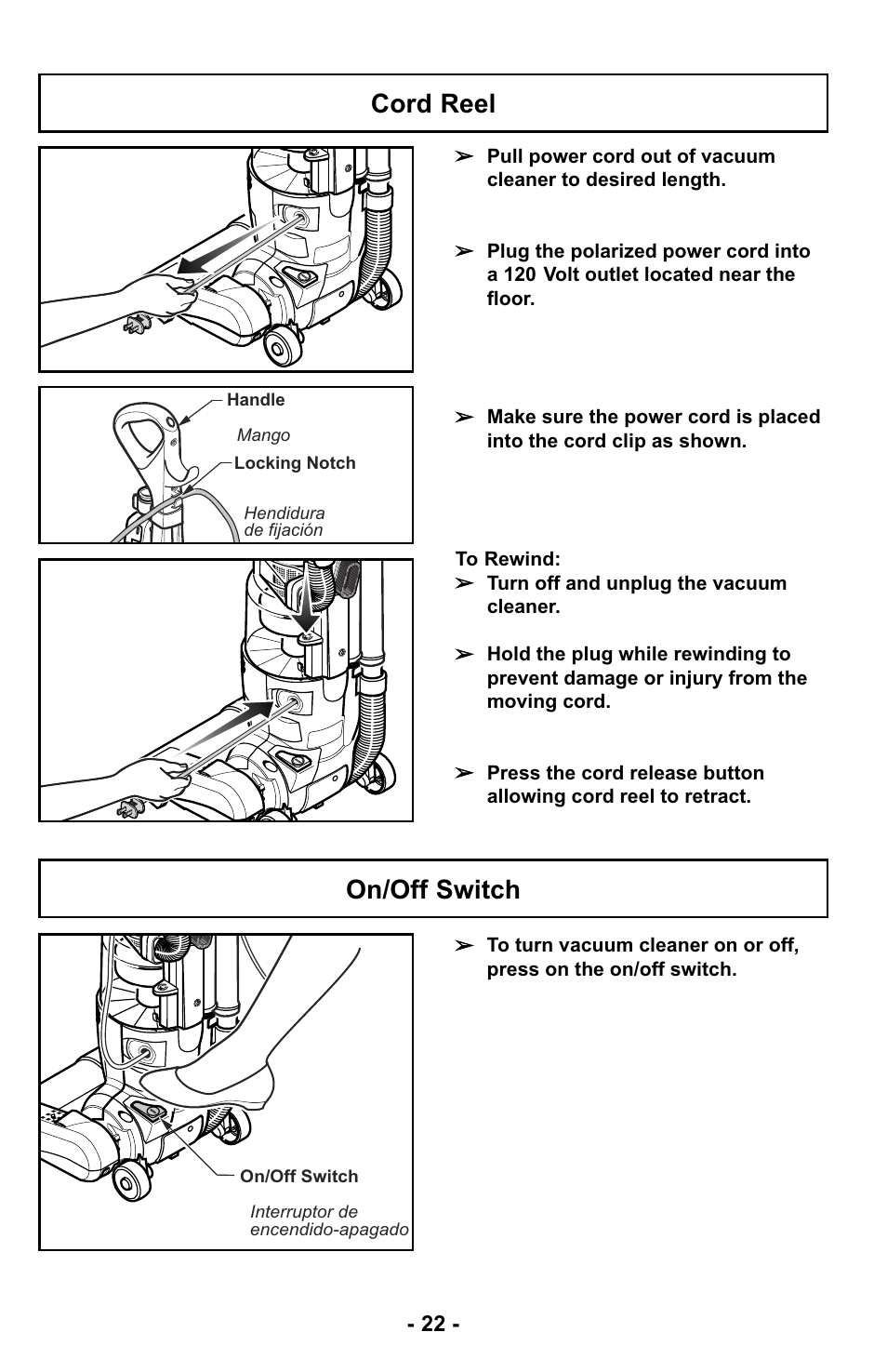 Cord reel, On/off switch | Panasonic MC-UL425 User Manual | Page 22 / 64