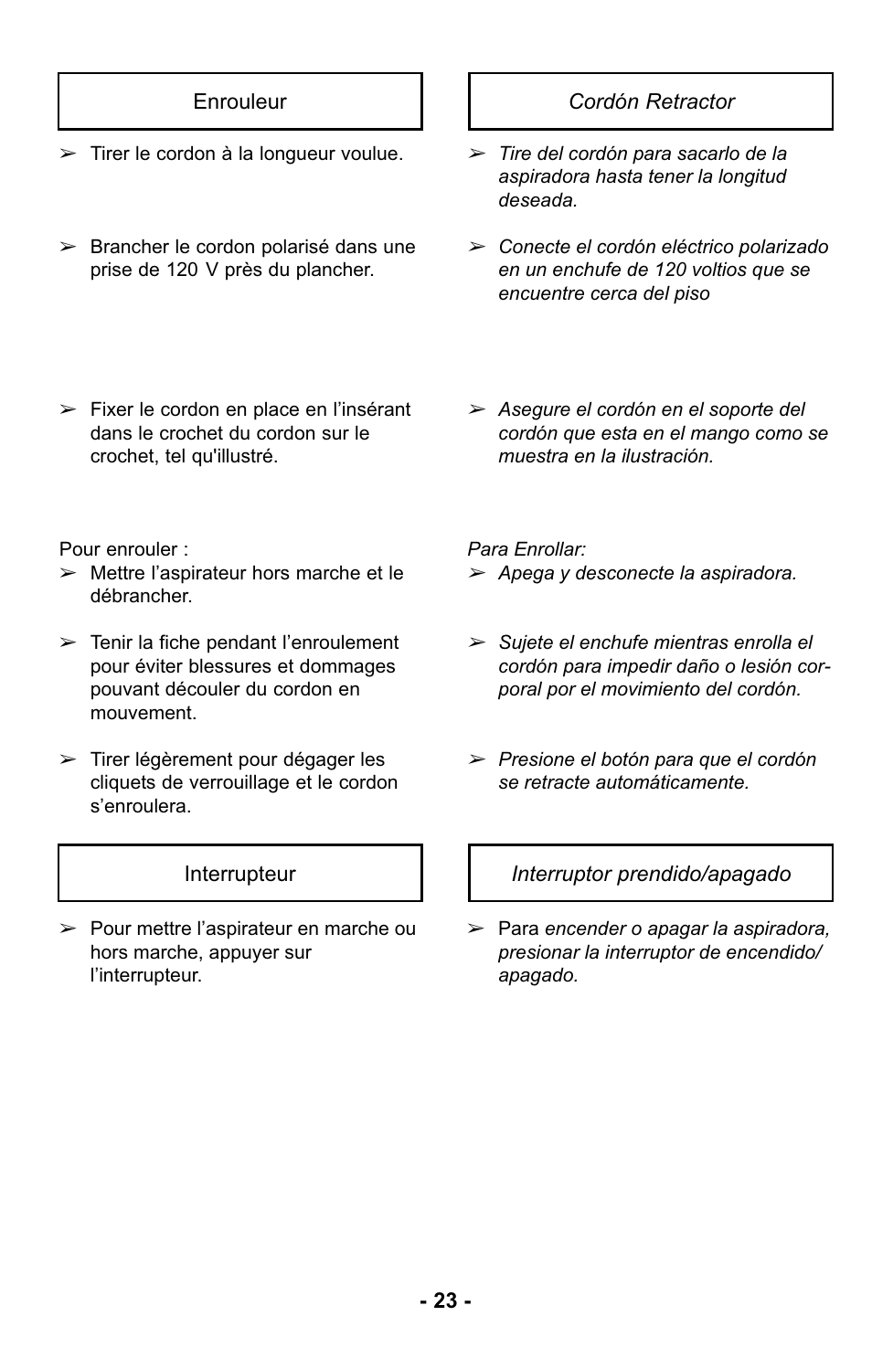 Enrouleur, Interrupteur, Cordón retractor | Interruptor prendido/apagado | Panasonic MC-UL425 User Manual | Page 23 / 64