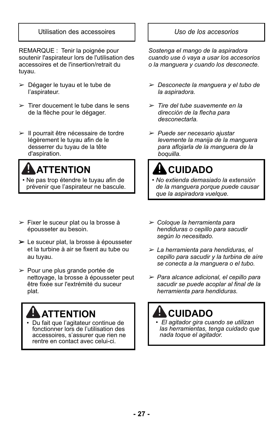 Utilisation des accessoires, Uso de los accesorios, Attention | Cuidado | Panasonic MC-UL425 User Manual | Page 27 / 64