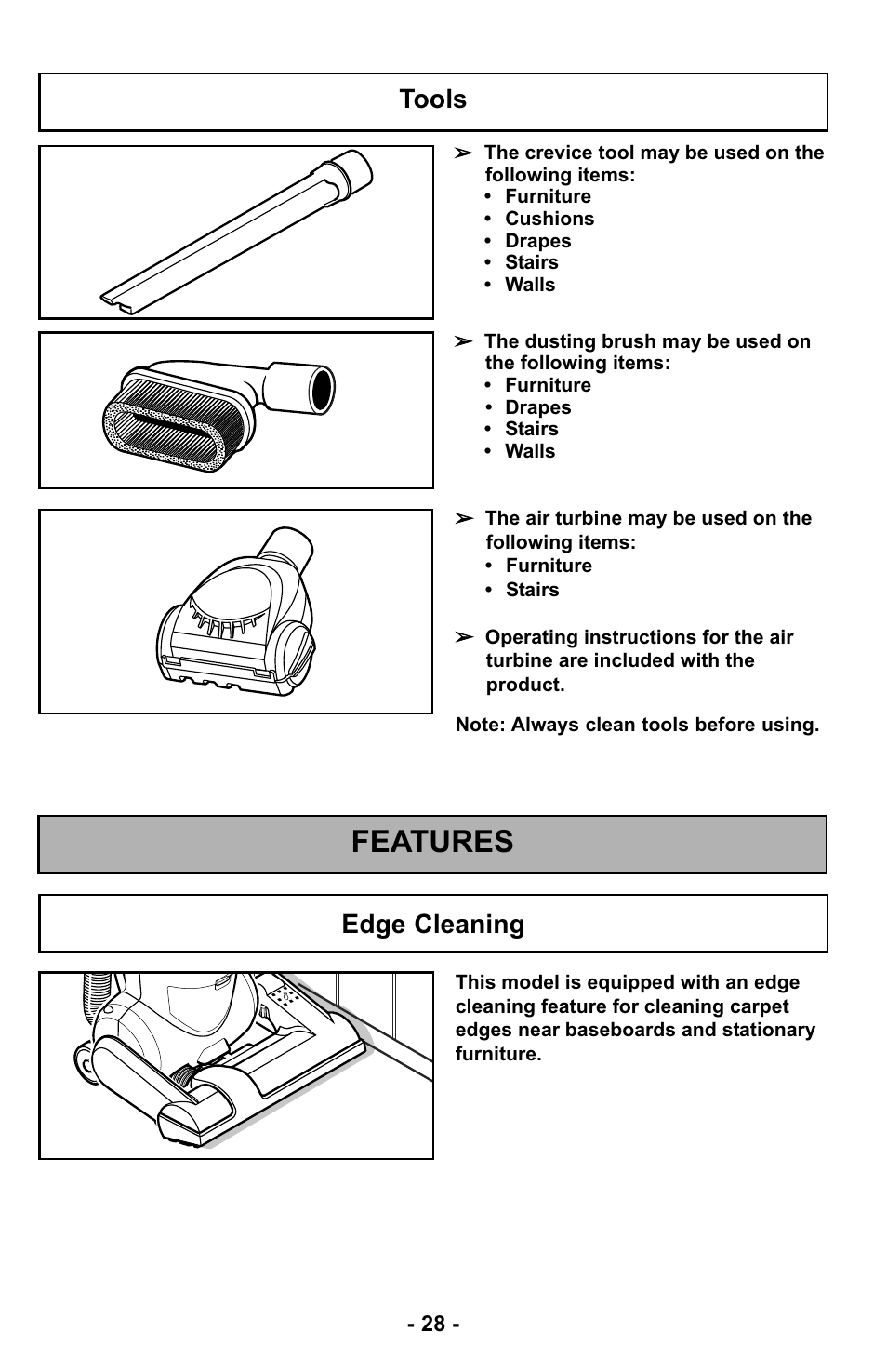 Tools, Features, Edge cleaning | Panasonic MC-UL425 User Manual | Page 28 / 64