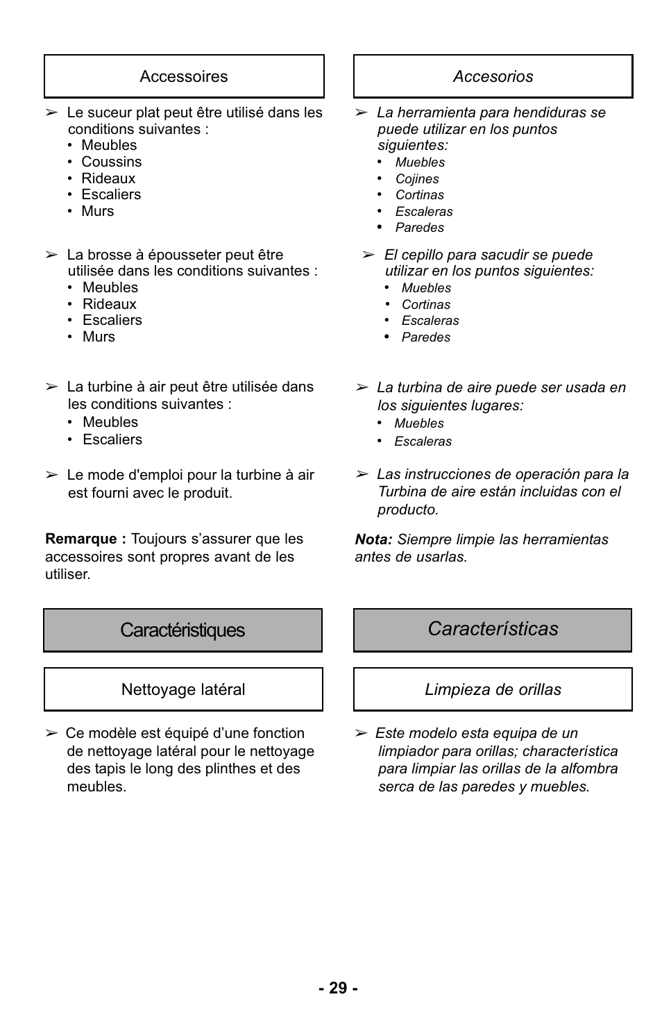 Accessoires, Caractéristiques, Nettoyage latéral | Accesorios, Características, Limpieza de orillas, Características caractéristiques | Panasonic MC-UL425 User Manual | Page 29 / 64