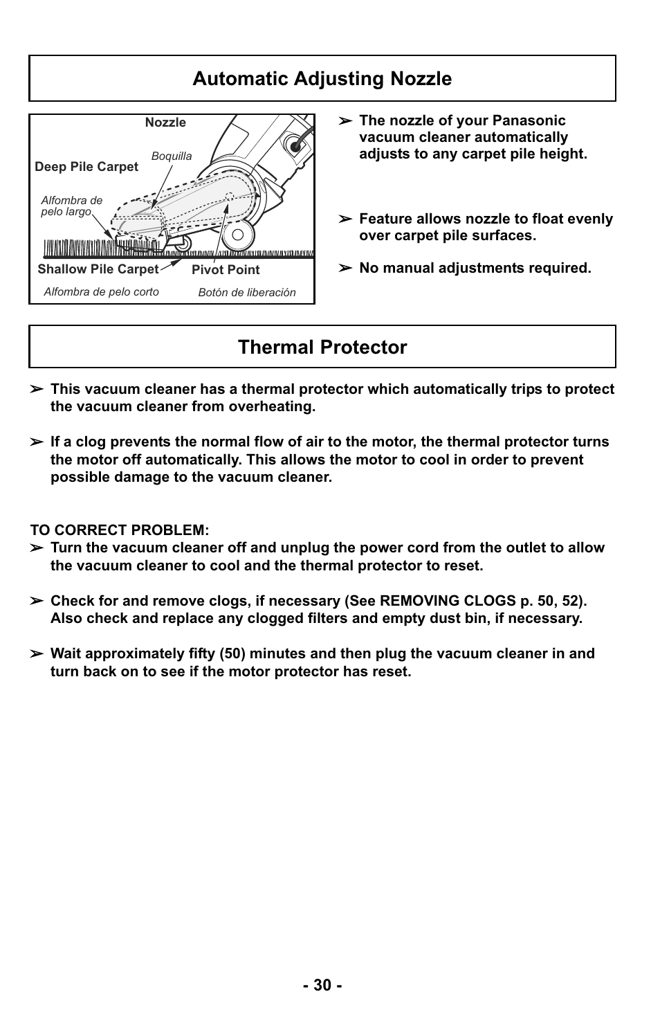 Automatic adjusting nozzle, Thermal protector, Thermal protector automatic adjusting nozzle | Panasonic MC-UL425 User Manual | Page 30 / 64