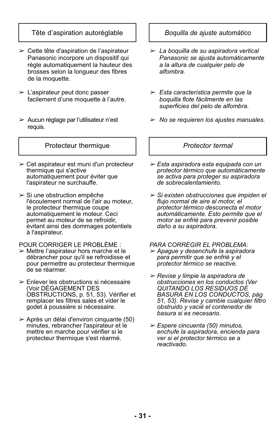 Tête d’aspiration autoréglable, Protecteur thermique, Boquilla de ajuste automático | Protector termal | Panasonic MC-UL425 User Manual | Page 31 / 64