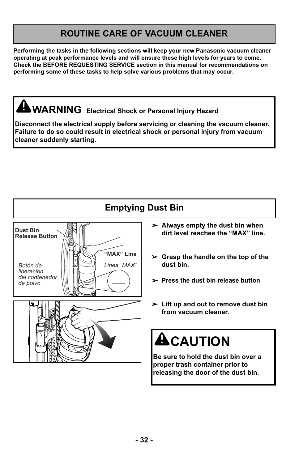 Routine care of vacuum cleaner, Emptying dust bin, Caution | Warning | Panasonic MC-UL425 User Manual | Page 32 / 64
