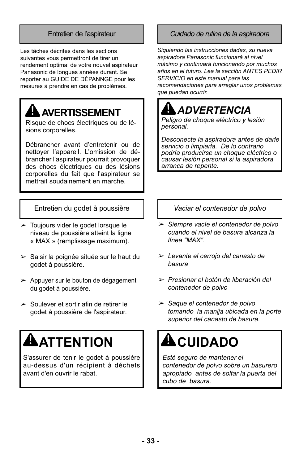 Entretien de l’aspirateur, Entretien du godet à poussière, Cuidado de rutina de la aspiradora | Vaciar el contenedor de polvo, Attention, Cuidado, Avertissement, Advertencia | Panasonic MC-UL425 User Manual | Page 33 / 64