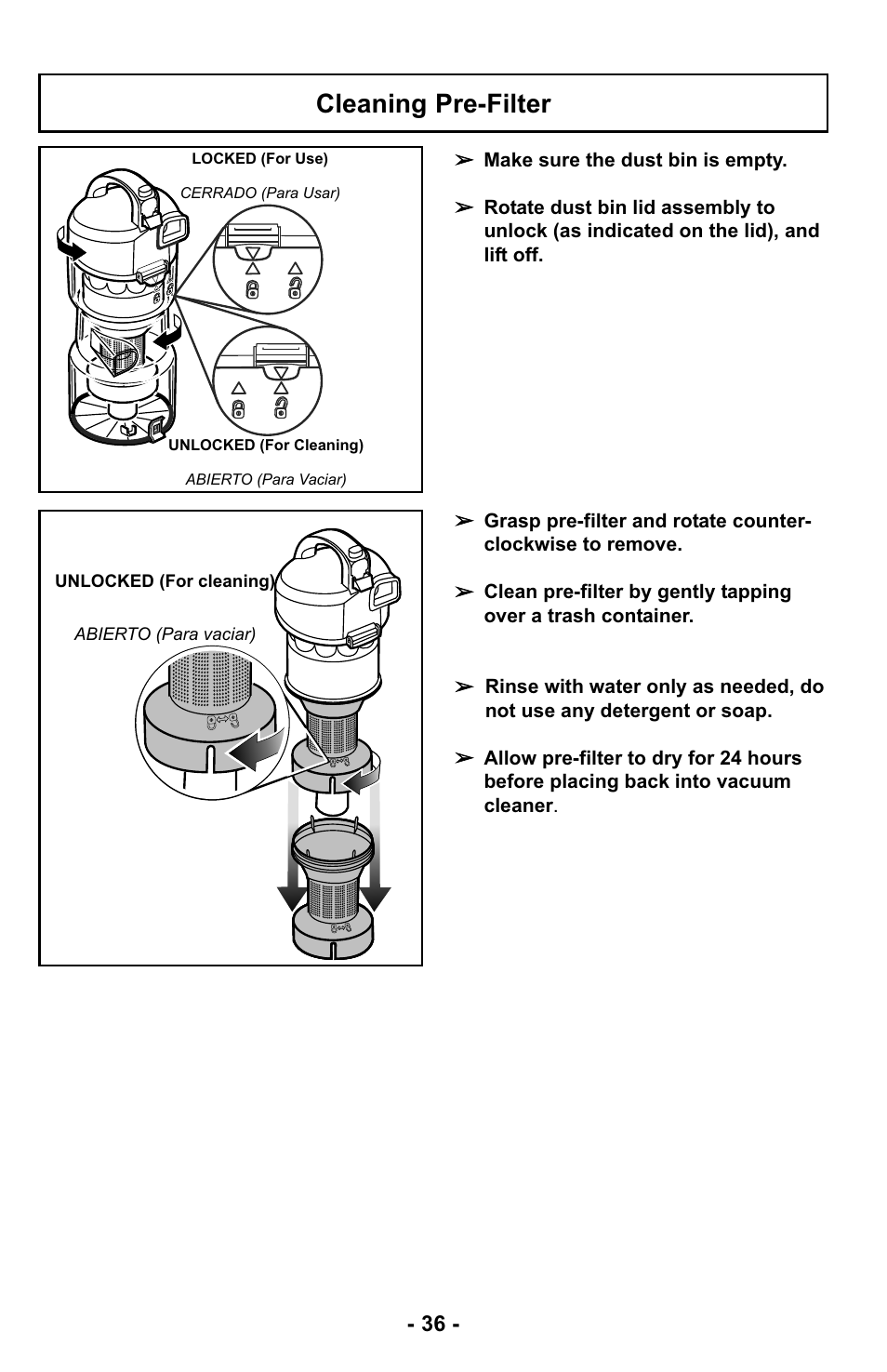 Cleaning pre-filter | Panasonic MC-UL425 User Manual | Page 36 / 64