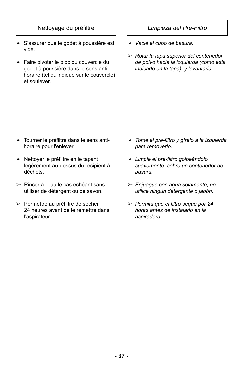 Nettoyage du préfiltre, Limpieza del pre-filtro | Panasonic MC-UL425 User Manual | Page 37 / 64