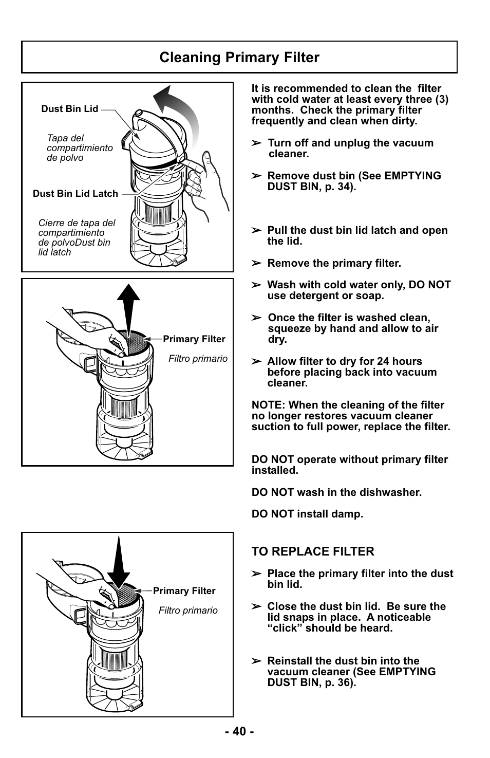 Cleaning primary filter | Panasonic MC-UL425 User Manual | Page 40 / 64