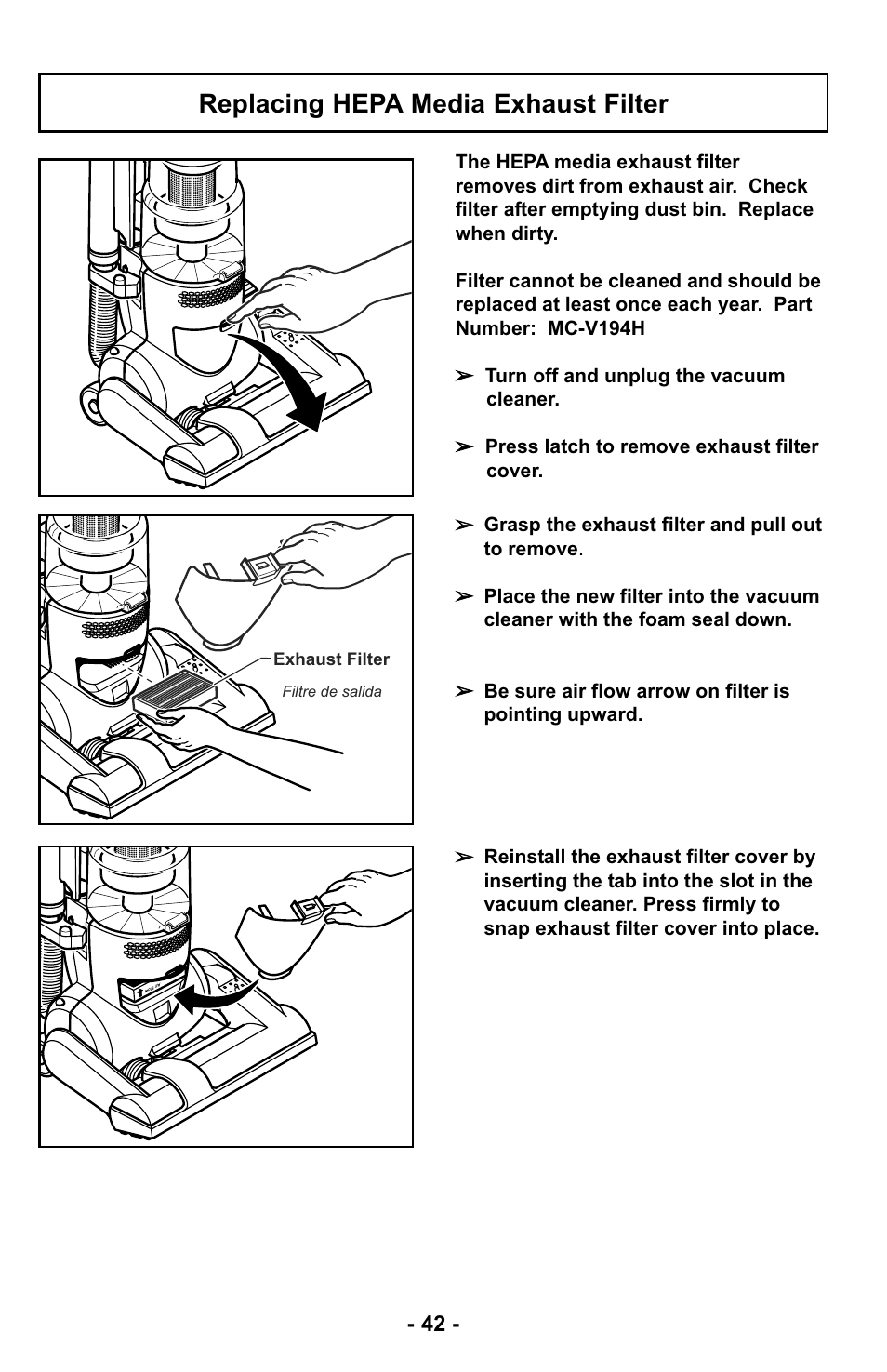 Replacing hepa media exhaust filter | Panasonic MC-UL425 User Manual | Page 42 / 64